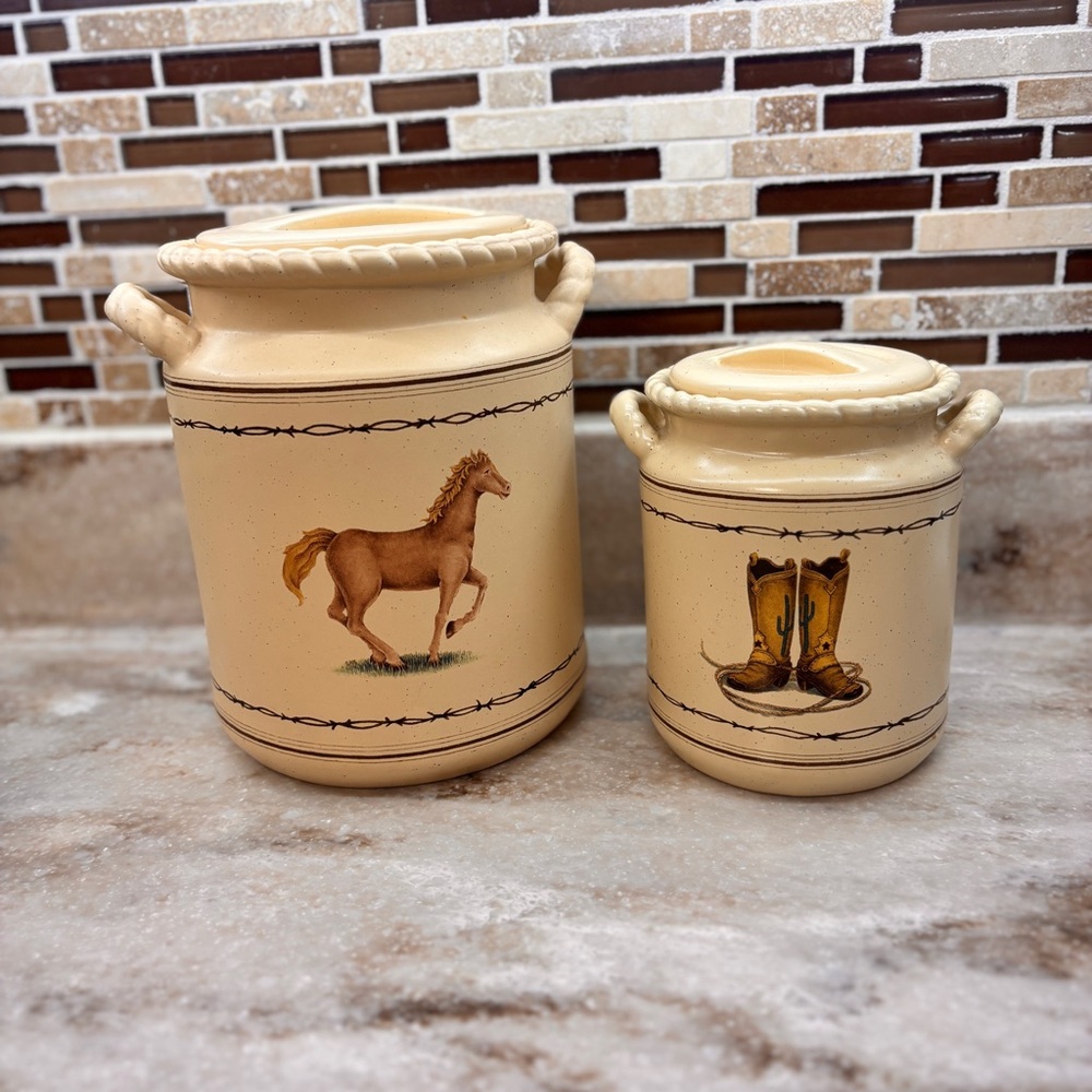 Vintage 2 Piece Ceramic Canisters Set Western Theme Barb Wire Horse Boot Details